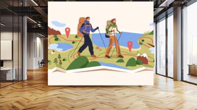 Hikers couple travel on map. Tiny tourists hiking, trekking in nature. People backpackers with backpacks walking outdoors. Holiday route, adventure, journey, tourism concept. Flat vector illustration Wall mural