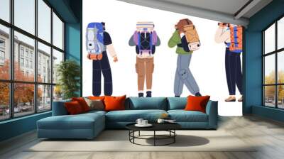 Hikers with hiking backpacks. People travel with adventure luggage on backs. Men, women tourists, backpackers stand, walk with luggage. Flat graphic vector illustrations isolated on white background Wall mural