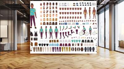 Hipster guy animation kit. African American man dressed in trendy clothes. Collection of male flat cartoon character body parts in various postures isolated on white background. Vector illustration. Wall mural