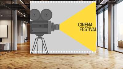 Horizontal background for cinema festival with retro camera or movie projector standing on tripod and film perforation border. Colorful flat vector illustration for event promotion, advertisement. Wall mural