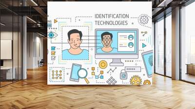 Horizontal banner with facial recognition technology tools, software for fingerprint scanning, verification and identification of person. Colorful vector illustration in modern line art style. Wall mural