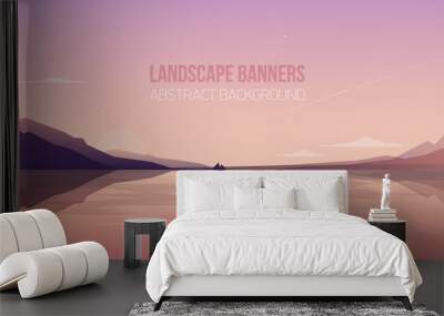 Horizontal banner with gorgeous seaside landscape or scenery. Picturesque view with yacht sailing in sea bay against silhouette of mountains and sunset sky on background. Colorful vector illustration. Wall mural