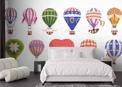 Hot air balloons set. Aerial baloon with basket in flight. Flying airballoons travel. Hotair transport floating. Aerostats for sky adventure. Flat vector illustration isolated on white background Wall mural