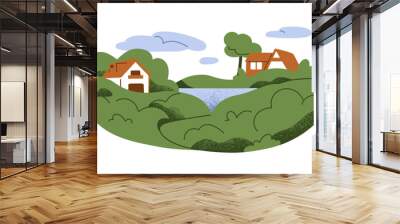 Houses in nature. Summer landscape with rural home buildings, trees, green plants, lake water. Peaceful country, countryside, suburbs scenery. Flat vector illustration isolated on white background Wall mural