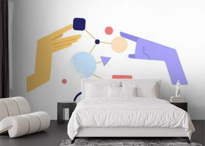 Human hands analyzing structure and building systems and schemes out of abstract figures. Business analytics, research and data analysis concept. Flat vector illustration isolated on white background Wall mural