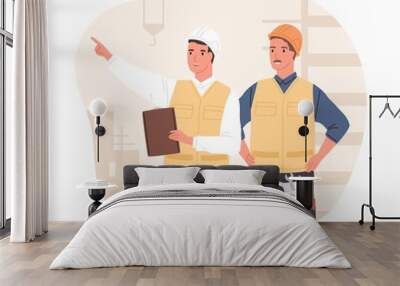 Inspector and foreman in hardhats at construction site. Supervisor or manager controlling building process. Colored flat vector illustration of workers in hard hats isolated on white background Wall mural