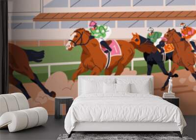 Jockeys competing on racehorses on racetrack. Equestrians, horse riders on hippodrome track, galloping on racecourse, turf. Equine sports competition, betting contest. Flat vector illustration Wall mural