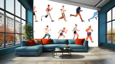 Jogging and running people set. Diverse active healthy characters, sport and cardio exercise. Old and young runners, joggers, sports activity. Flat vector illustration isolated on white background Wall mural