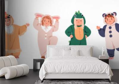 Kids in animal kigurumi onesies. Funny characters disguised in costumes. Happy children wearing dinosaur, kangaroo, lion, cow pajamas, jumpsuits. Flat vector illustration isolated on white background Wall mural