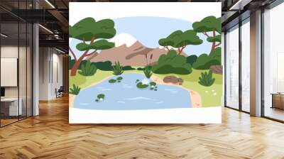 Landscape with trees, water pond, grass, mountains. Summer nature scenery with lake, flower, shrub. Wild environment with plants, mounts. Flat vector illustration isolated on white background Wall mural