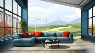 Landscape with wind turbines, windmills on web banner template. Sustainable renewable green energy concept. Scenery with eco-friendly electricity resources in nature. Flat vector illustration Wall mural