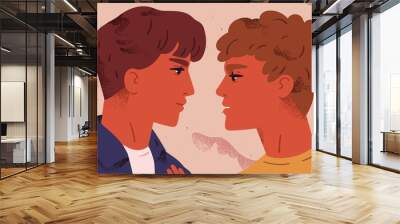 lgbt couple. portrait of cute young men looking at each other. pair of romantic partners on date. ho Wall mural