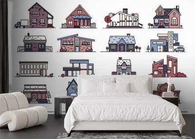 Line art residential house collection. Set of flat style. Colorful vector illustration. Wall mural