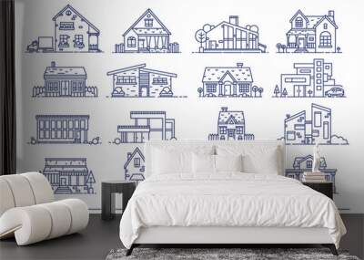 Line art residential house collection. Set of flat style. Contour vector illustration. Wall mural