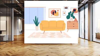 Living room interior. Sofa, wall arts, framed pictures, cabinet and house plants in apartment design. Couch, window, houseplants in livingroom. Flat vector illustration isolated on white background Wall mural