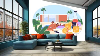 Love couple swimming in pool at villa resort on summer holiday. Happy people relaxing with cold drinks, fruit cocktails on vacation. Flat graphic vector illustration isolated on white background Wall mural