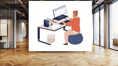 Male office worker sitting on ball chair at ergonomic workstation vector flat illustration. Man working at contemporary furnituring with computer and desk isolated on white. Modern regulate workplace Wall mural