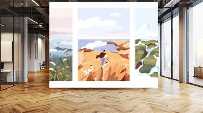 Man and woman relax outdoor at natural landscape vector flat illustration. Scenes with people walking alone, enjoy scenic nature views. Concept of freedom, relax and inspirational lifestyle Wall mural