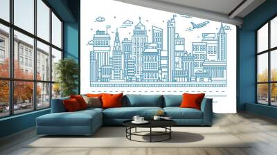 megalopolis, big city life, contour line art illustration Wall mural