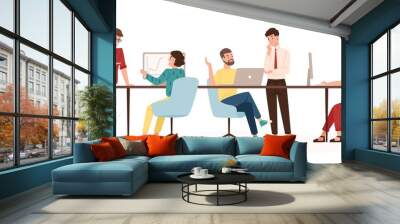 Men and women sitting at desk and standing in modern office, working at computers and talking with colleagues. Effective and productive teamwork. Colorful vector illustration in flat cartoon style. Wall mural