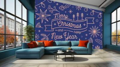 Merry Christmas and Happy New Year greeting card vector template. Traditional festive congratulation. Winter holidays attributes. Fir branches and garlands. Xmas items postcard design. Wall mural