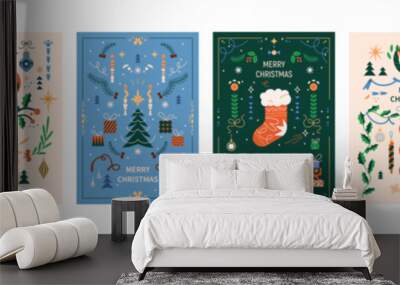 Merry Christmas cards set. Xmas posters with vintage ornaments, winter holiday patterns, santa, reindeer, tree, gift. Festive season postcards in retro Scandinavian style. Flat vector illustrations Wall mural