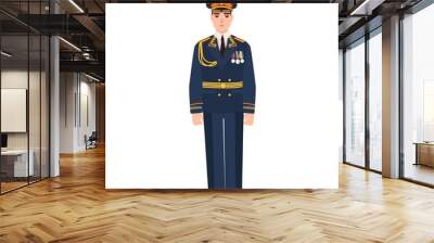 Military man of Russian armed force wearing full dress uniform. Infantryman on parade isolated on white background. Male cartoon character. Colored vector illustration in flat cartoon style. Wall mural