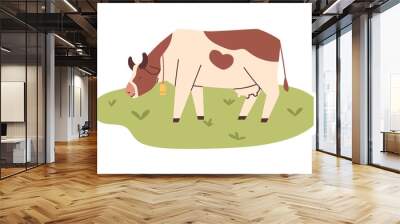 Milk cow grazing on pasture field, eating green grass. Milker with bell on meadow. Domestic animal feeding on organic grassland. Flat vector illustration of dairy farm isolated on white background Wall mural