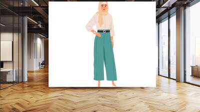 Modern Arab woman portrait. Muslim female wearing hijab and fashion clothes. Arabian person in trendy outfit, headscarf and pants. Flat graphic vector illustration isolated on white background Wall mural