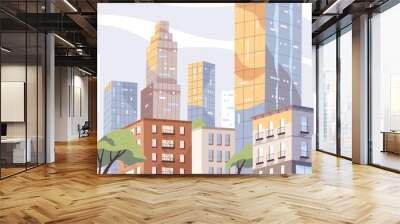 Modern city center with scyscrappers and residential houses. Colorful panoramic downtown view. Megalopolis cityscape. Metropolis skyline. Urban scenery. Vector illustration in flat style Wall mural