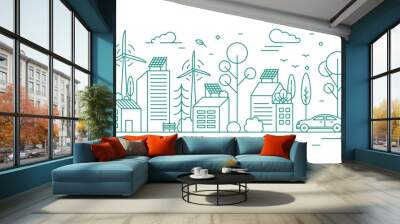 Modern environmentally friendly city with ecological infrastructure, electrical car charger, solar panel and windmill. Monochrome vector line art illustration of eco cityscape with alternative energy Wall mural