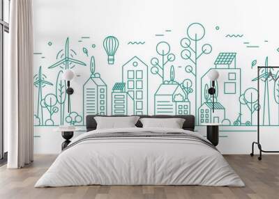 Modern environmentally friendly city with ecological infrastructure, roof greening, solar panels and windmills. Monochrome vector lineart illustration of eco cityscape with alternative energy Wall mural