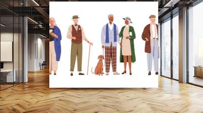 Modern old people and senior couples set. Stylish elderly man and woman in fashion casual clothing. Happy aged person in fashionable outfit. Flat vector illustration isolated on white background Wall mural