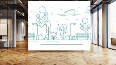 Monochrome banner template with city park or garden, trees, bushes, street lights and benches. Urban recreational area or zone. Creative colorful vector illustration in modern line art style. Wall mural