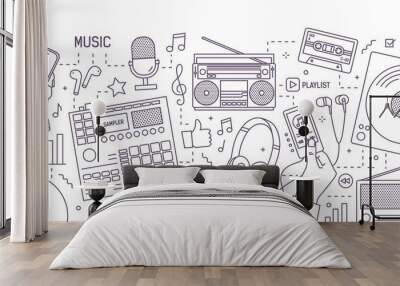 monochrome banner with hands and various electronic devices for music playing, listening and creatio Wall mural