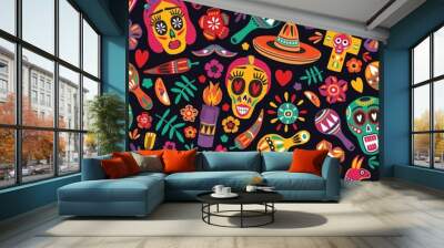 Motley seamless pattern with traditional Mexican Dia de los Muertos decorations on black background. Holiday backdrop. Festive flat cartoon vector illustration for wrapping paper, fabric print. Wall mural