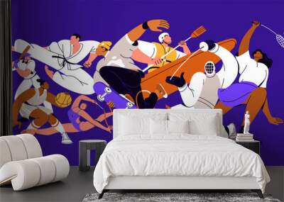 Multi-sport concept. Different kinds of professional athletes, activities mix composition. Group of sportsmen in action, movement. Fencing, gymnastics, basketball. Isolated flat vector illustration Wall mural