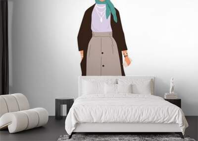 Muslim Arab woman wearing hijab and skirt. Modern Arabian female in headscarf in fashion casual apparel. Elegant Saudi person in stylish outfit. Flat vector illustration isolated on white background Wall mural