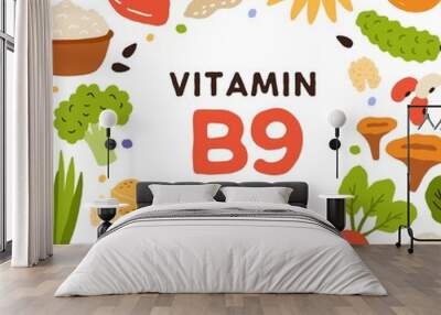 Natural food card with B9 vitamin rich nutrition. Organic healthy nutrients enriched with folate. Colorful flat vector illustration of folic acid sources, nutritious mushrooms, vegetables and nuts Wall mural