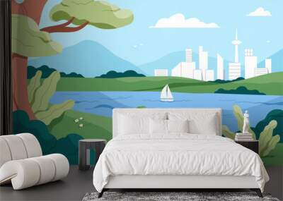 Nature landscape, view on city buildings from urban park. Summer scenery background, boat sailing on river water, lake, trees, plants, green grass, flowers, sky horizon. Flat vector illustration Wall mural