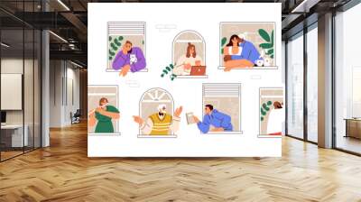 Neighborhood concept. Neighbors communication and mutual help. Different people in apartments, in home windows. Neighbourhood activity, support. Flat vector illustration isolated on white background Wall mural