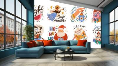 New year lettering compositions set. Colorful festive vector illustrations collection. Merry christmas calligraphy. Seasonal Xmas greetings bundle. Happy holidays. Let it snow typography. Wall mural