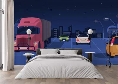 Night driving in lit city street with buildings and lights. Panoramic view of nighttime road traffic with cars and trucks. Horizontal colored flat cartoon vector illustration Wall mural