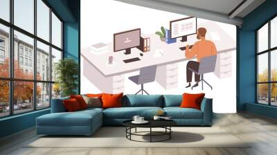 Office workplace with empty chair of absent employee and person working at computer, staying at work alone, replacing colleague left for break. Flat vector illustration isolated on white background Wall mural