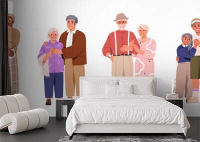 Old love couples set. Senior men, women, happy married people. Aged grandfathers, grandmothers. Elderly family. Modern older husband and wife. Flat vector illustration isolated on white background Wall mural