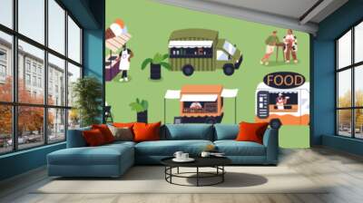 Open-air festival set. Food trucks, tiny people relaxing outdoors in park, nature on summer holiday, vacation. Street cafe trailers, characters resting at tables. Isolated flat vector illustrations Wall mural