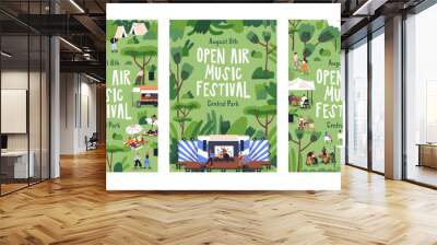 Open-air music and street food festival, posters and flyers set. Outdoor fest, summer holiday picnic in park. Promotion placard designs with tiny people in nature. Isolated flat vector illustrations Wall mural