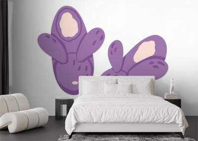 Pair of closed winter bunny slippers isolated on white background. Cozy fluffy home shoes with cute rabbits' ears. Comfy footwear. Colored flat vector illustration of warm fuzzy soft footgear Wall mural