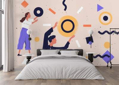 Pair of people collecting and organizing abstract geometric shapes scattered around them. Man and woman holding circles. Concept of teamwork. Vector illustration in contemporary flat cartoon style. Wall mural