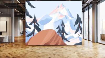 Panoramic view from cliff on mountain peak covered with snow. Calm nature landscape with forest and snowy mount. Peaceful winter scenery of highlands. Colored flat vector illustration Wall mural